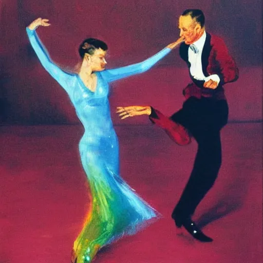 Image similar to cyd charisse and fred astaire dancing, colorful, francis bacon painting