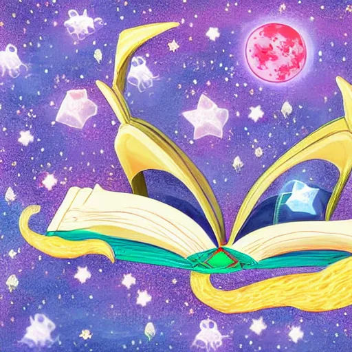 Image similar to cute dragon reading book with starry background, detailed, digital art