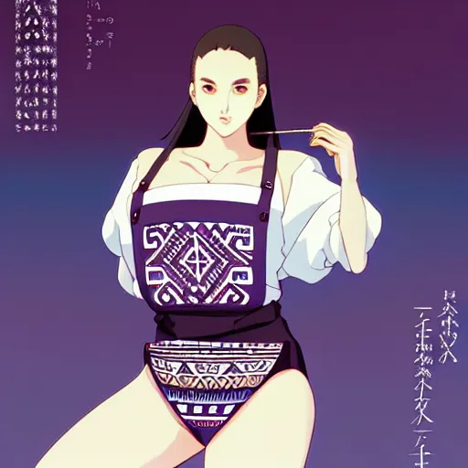 Image similar to a beautiful plus sized model japanese natalie portman, alluring plus sized model, wearing mayan leotard with elegant mayan apron overalls, street fashion hip hop style with mayan patterns, aztec street fashion, gapmoe yandere grimdark, trending on pixiv fanbox, painted by greg rutkowski makoto shinkai takashi takeuchi studio ghibli, akihiko yoshida