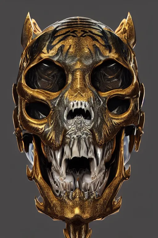 Image similar to realistic render portrait of a jade tiger skull with a unique armor, intricate, dystopian toy, sci-fi, extremely detailed, digital painting, sculpted in zbrush, artstation, concept art, smooth, sharp focus, illustration, chiaroscuro lighting, golden ratio, incredible art by artgerm and greg rutkowski and alphonse mucha and simon stalenhag