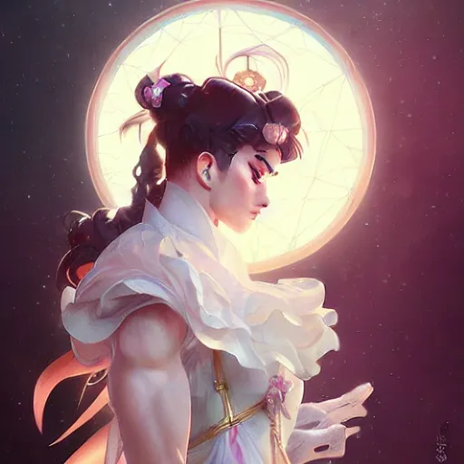 Image similar to Sailor Moon, fantasy, intricate, elegant, highly detailed, digital painting, artstation, concept art, matte, sharp focus, illustration, art by Artgerm and Greg Rutkowski and Alphonse Mucha