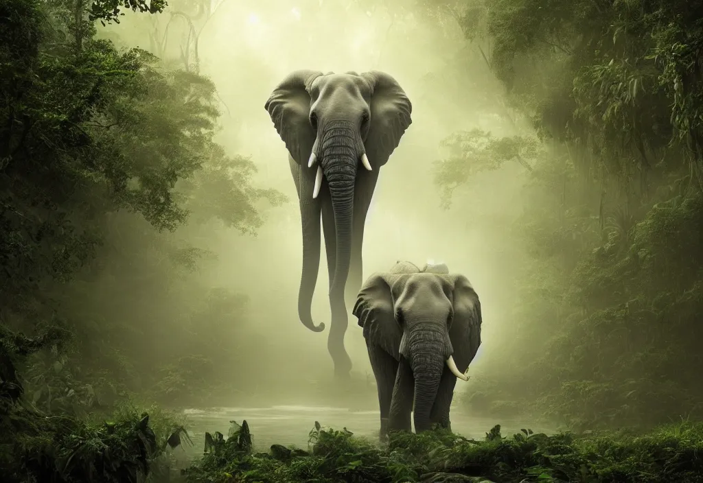 Image similar to an enormous alien elephant king, in a jungle with ominous light from above, ambient light, fog, river, very poetic