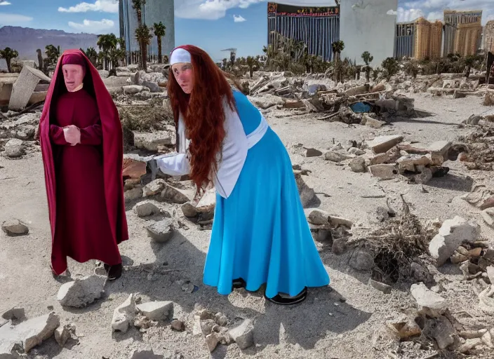 Prompt: a nun with a jojo and a mountain climber with long red hair find a blue shark plush in the post apocalyptic ruins of las vegas