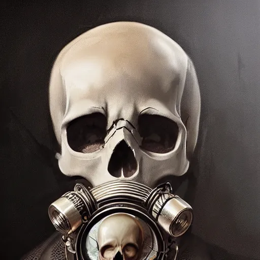 Image similar to a portrait painting of a skull wearing a gasmask, digital painting, hyper realistic, very detailed, in the style of greg rutkowski,