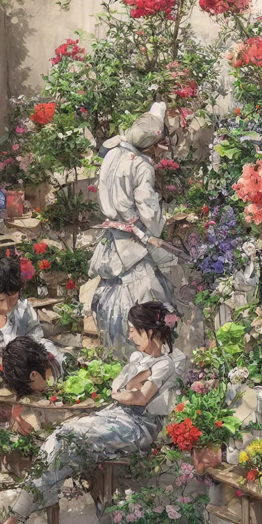 Image similar to oil painting scene from blooming garden by kim jung gi