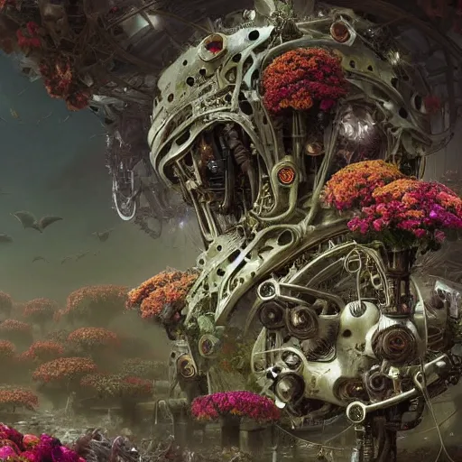 Image similar to intricate bio - mechanical flowers intertwined with human and bio - mechanical organs, intricate environment, matte painting, cinematic, epic composition, highly detailed, atmospheric, wide angle, artstation trending