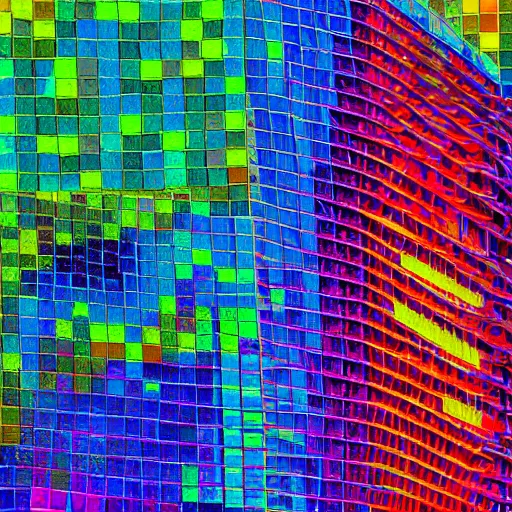 Prompt: a multicolored image of a building with a red, yellow, and blue, an abstract painting by william mossman, shutterstock contest winner, kinetic pointillism, digitally enhanced, irridescent, datamosh