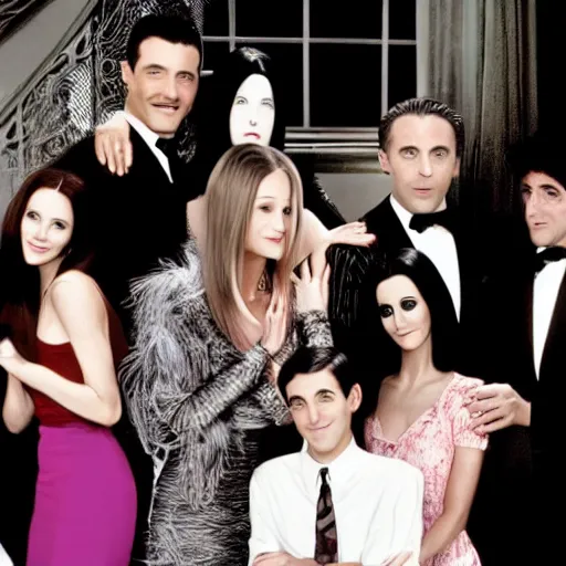 Image similar to the adams family, with the cast of friends, black and white