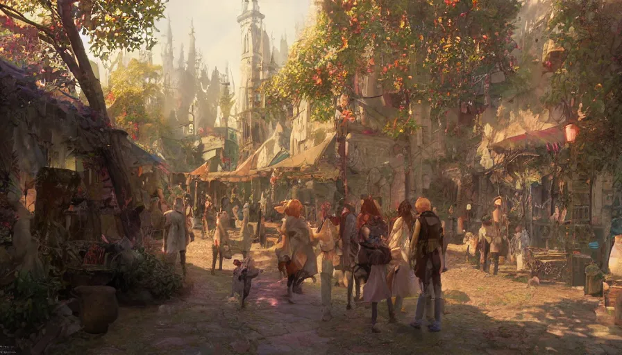 Image similar to craig mullins and ghibli digital illustration of a festival in the medieval city of the fae, faeries, fanciful, colorful, unreal engine, hyper realism, realistic shading, cinematic composition, realistic render, octane render, detailed textures, photorealistic, wide shot,