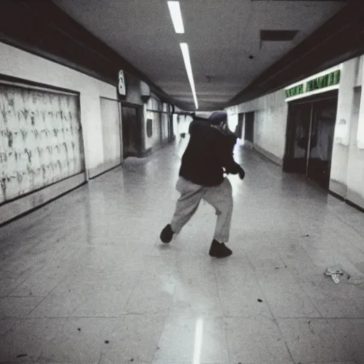 Image similar to A creepy photo of Danny Devito chasing you in an abandoned shopping mall, disposable film