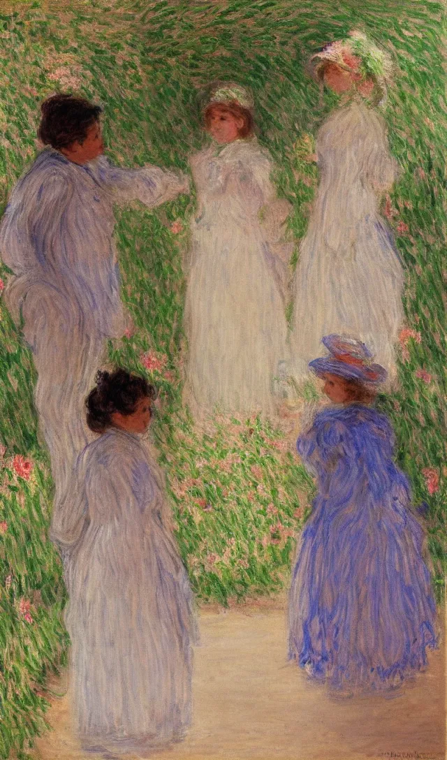 Prompt: 2 person looking at each other, 1 being the adult version and the other being the child, by monet