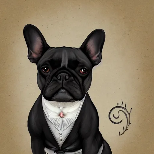 Image similar to proud black french bulldog, renaissance, wearing victorian lacey clothing, highly detailed, digital painting, artstation, sharp focus, illustration - - ar 6 : 1 8