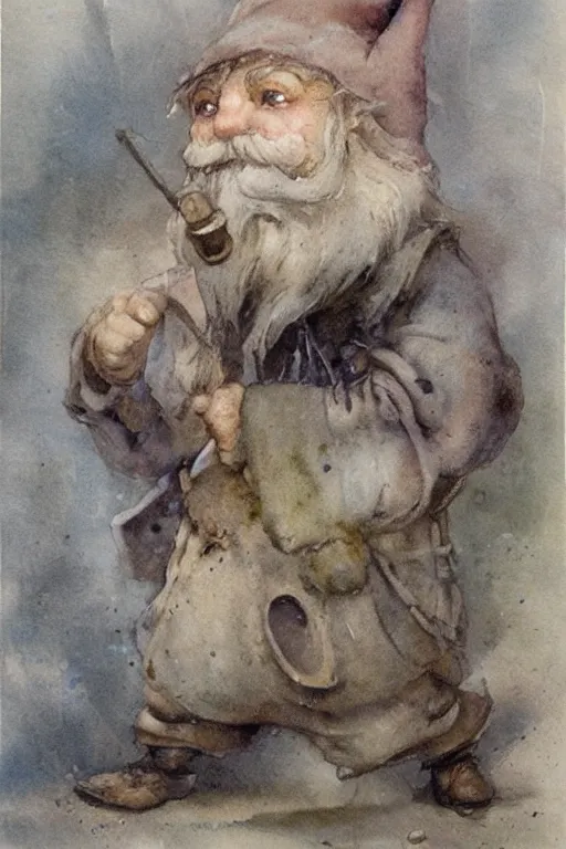 Prompt: muted color!!!!!!! watercolor of a ( ( ( gnome ) ) ) painterly, granular dripping running. very muted colors. by jean - baptiste monge!!!!!