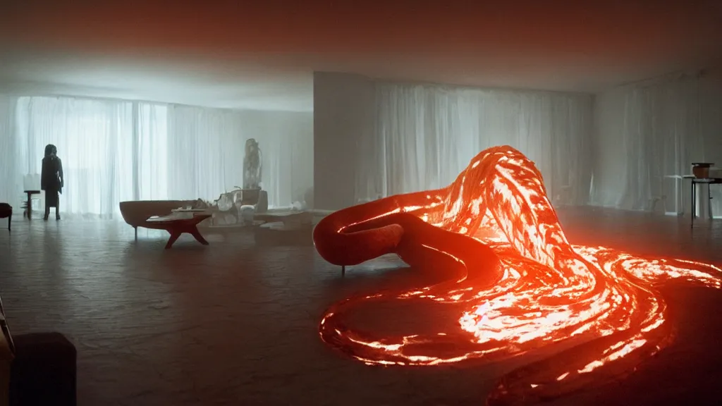 Image similar to a giant Snake made of fire and ice floats through the living room, film still from the movie directed by Denis Villeneuve with art direction by Salvador Dalí, wide lens