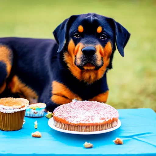 Prompt: a high - quality photo of a cute rottweiler with a half - eaten birthday cake, 4 5 mm, f 3. 5, sharpened, iso 2 0 0, raw