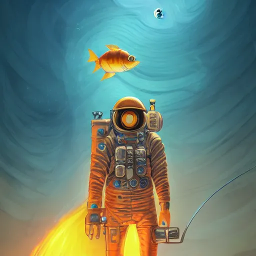 Prompt: A Steampunk astronaut with a golden helmet and full body swimming thru lava, character concept in the style of a graphic manga by peter mohrbacher and Kohei Horikoshi, underwater background with detailed fish swimming by Kelly Mckernan, trending on artstation, HD,