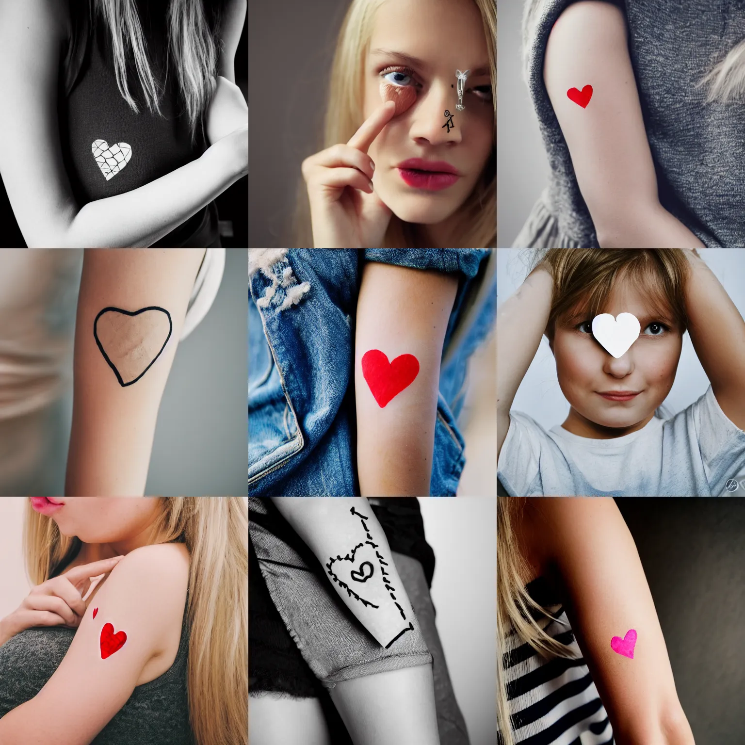 Prompt: a blonde girl with a band - aid on her arm, the band - aid has a heart drawn on it, portrait, photo, 8 k