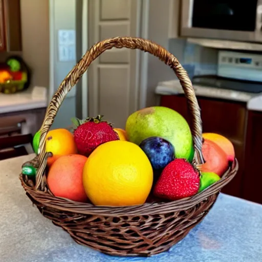 Prompt: a fruit basket on top of a kitchen table, sand sculpture