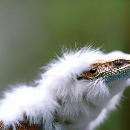 Image similar to cute lizard with long white fluffy fur, by Hayao Miyazaki