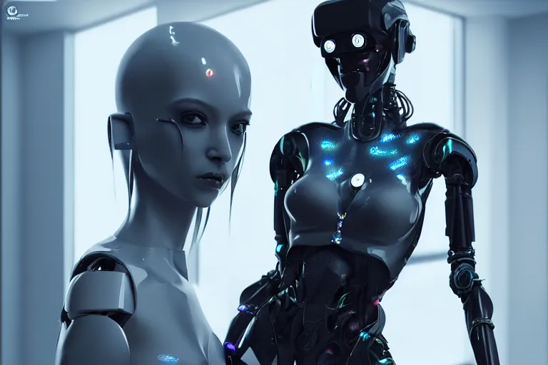 Image similar to cyberpunk alien concept inspired female robot, futuristic look, highly detailed body, very powerful, photorealistic camera shot, bright studio setting, studio lighting, crisp quality and light reflections, unreal engine 5 quality render