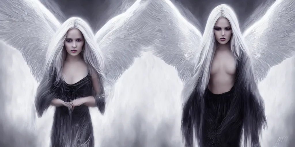 Image similar to portrait of symmetric detailed angel with white hair with detailed white wings flying in black smoke, ultra realistic, epic, highly detailed, hd, sharp focus, cinematic lighting, realistic, vivid colors, gritty, matt painting, digital art, non blurry, sharp, artstation, concept art, smooth, illustration.