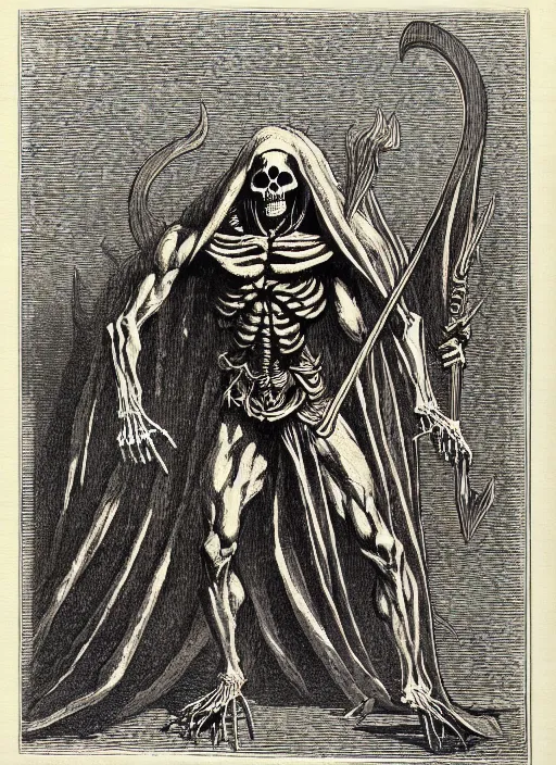 Image similar to illustration of motu's skeletor as a demon from the dictionarre infernal, etching by louis le breton, 1 8 6 9, 1 2 0 0 dpi scan, ultrasharp detail, clean scan