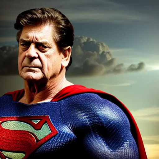 Image similar to John Goodman as Superman, 4K, epic, cinematic, focus, movie still, fantasy, serious, extreme detail, atmospheric, dark colour, sharp focus