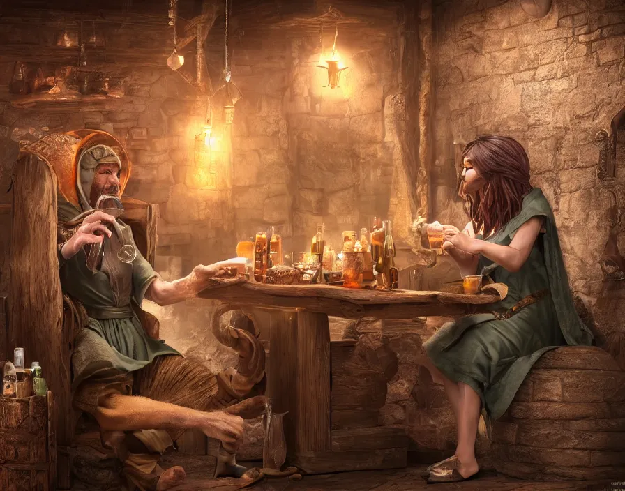 Image similar to old sage wizard drink beer from wooden cup in fantasy tavern, realistic fingers, realistic body, realistic clothing, beautiful texture, beautiful graphics, fantasy artwork, very beautiful scenery, hd, hdr, ue 5, ue 6, unreal engine 5, cinematic 4 k wallpaper, 8 k, ultra detailed