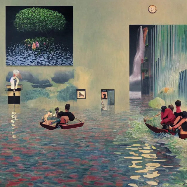 Image similar to painting of flood waters inside an apartment, tall female emo art student, a river flooding indoors, pomegranates, pigs, ikebana, water, river, rapids, waterfall, black swans, canoe, berries, acrylic on canvas, surrealist, by magritte and monet