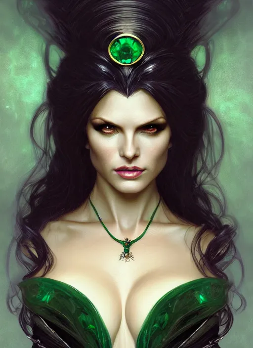 Image similar to portrait of victoria silvstedt as a sultry vampire lady, jewelry, greek, emerald, intricate, headshot, highly detailed, digital painting, artstation, concept art, sharp focus, cinematic lighting, illustration, art by artgerm and greg rutkowski, alphonse mucha, cgsociety