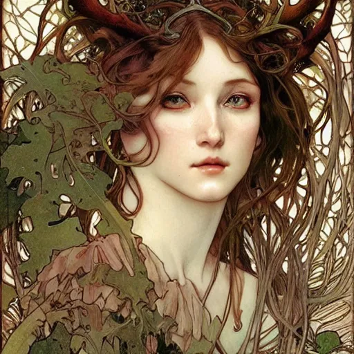 Prompt: realistic detailed face portrait of a beautiful young forest witch chimera with elaborate spreading antlers and ginko leaves in her hair by Alphonse Mucha, Ayami Kojima, Amano, Charlie Bowater, Karol Bak, Greg Hildebrandt, Jean Delville, and Mark Brooks, Art Nouveau, Neo-Gothic, gothic, rich deep moody colors