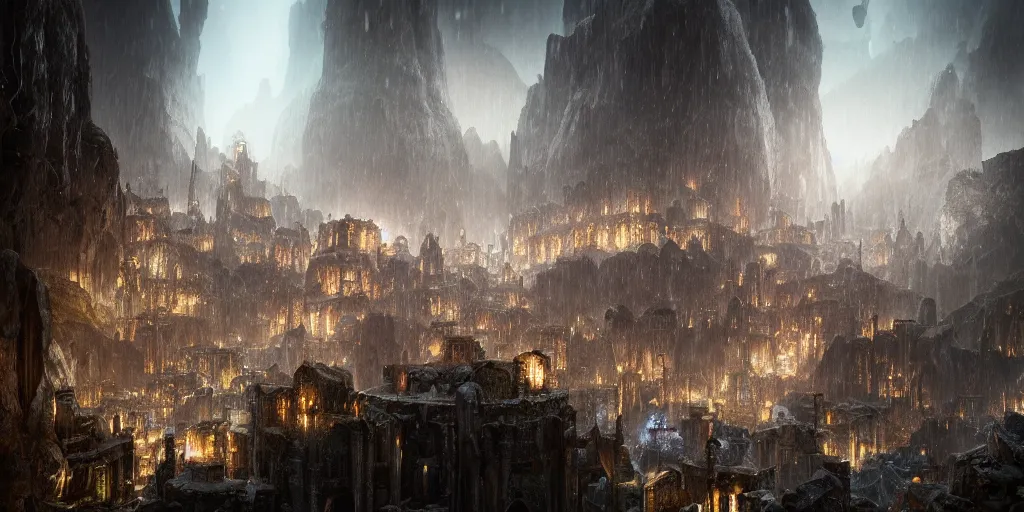 Image similar to A shining dwarven city in a dark cavern, rainy, dark and gloomy atmosphere, fantasy digital art, octane render, beautiful composition, trending on artstation, award-winning photograph, masterpiece