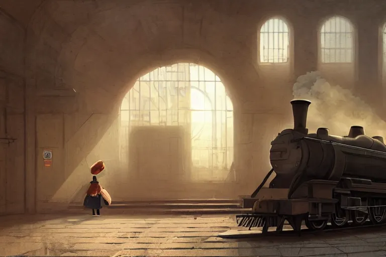 Prompt: deserted subway, sun light streaming in from top windows, one person with a small child and a suitcase stands looking at the steam train, smoke coming from train chimney highly detailed, digital painting, artstation, concept art, smooth, sharp focus, illustration, art by greg rutkowski