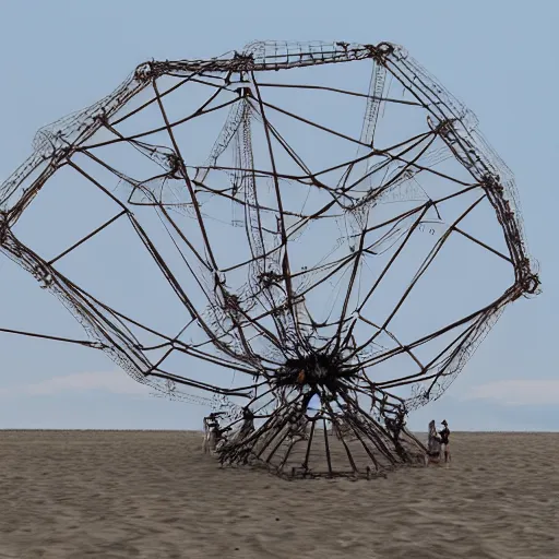 Prompt: strandbeest the size of a mountain made of wicked glinting steel trampling over a land of dusty grey, photo realistic, 8 k, trending on artstation