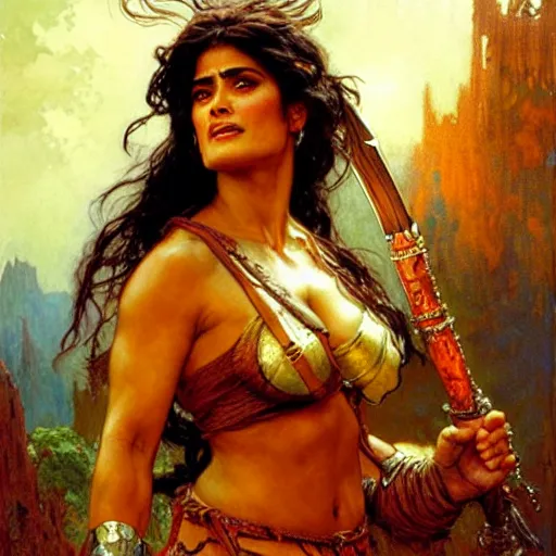 Image similar to salma hayek as a barbarian warrior, painting by gaston bussiere, craig mullins, greg rutkowski, alphonse mucha