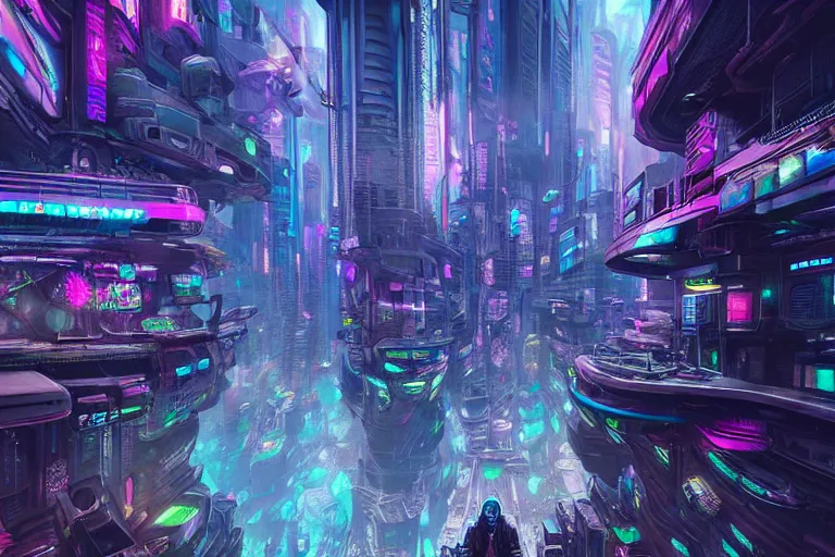 Image similar to a psychedelic cyberpunk city at the edge of existence where intensely creative astral beings live, in the style of wlop, illustration, epic, fantasy, hyper detailed, smooth, unreal engine, sharp focus, ray tracing