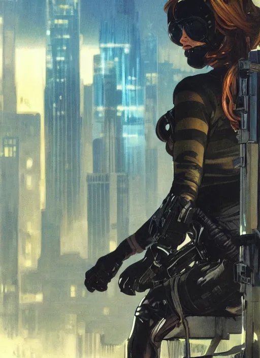 Prompt: Dinah. Beautiful USN special forces operator looking at city skyline. Agent wearing Futuristic stealth suit. rb6s Concept art by James Gurney, Alphonso Mucha.