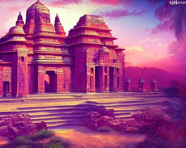 Image similar to ancient indian structure, retrowave epic art, trending on art station