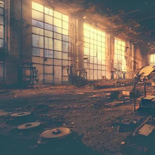 Prompt: abandoned steampunk factory with a synthesizer , cinematic light,