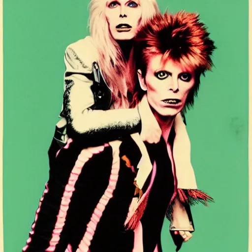 Image similar to david bowie from labyrinth giving a piggy back ride to ziggy stardust. glam rock. by andy warhol