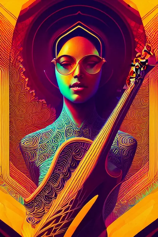 Image similar to Energetic jazz sitar portrait, Art Deco surf, fantasy, intricate art deco wave designs, elegant, highly detailed fractals, sharp focus, art by Artgerm and beeple and Greg Rutkowski and WLOP