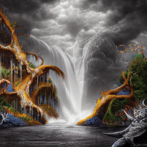Image similar to waterfall of abomination soulstream, in the style of alejandro mirabal, dramatic, tragic, intricate, detailed, beautiful, 8 k resolution