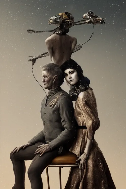 Prompt: a beautiful ultradetailed fine art old vintage couples portrait photo of cyborgs sitting on a chair and standing, by tom bagshaw and zach sutton, couples portrait, vignette, 35mm lens, golden ratio composition, studio photography, very detailed, humanoids, artstation, 8k, highly coherent