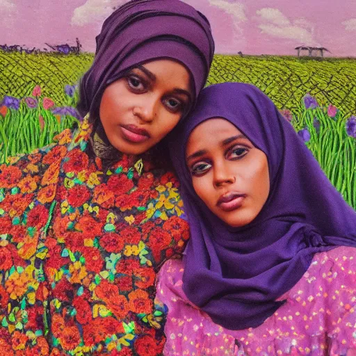 Prompt: somali friends, vintage, field of flowers, city bridge, beautiful, happy, dreamy, pastel, highly detailed, detailed faces, high focus, dreamy, pastel