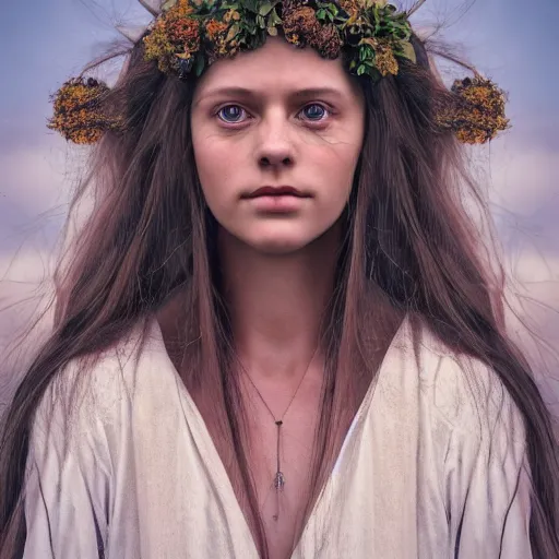 Image similar to photo portrait of a beautiful pagan scandanavian female, depth of field, zeiss lens, detailed, symmetrical, centered, by edward robert hughes, connor hibbs, annie leibovitz and steve mccurry, david lazar, jimmy nelsson, breathtaking, 8 k resolution, extremely detailed, beautiful, establishing shot, artistic, hyperrealistic, beautiful face, octane render