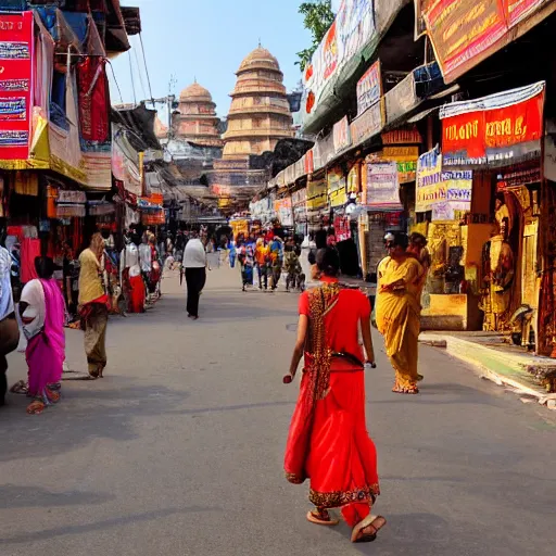 Prompt: A bustling city in ancient India with shops and people dressed in traditional Indian attire from 1000BC
