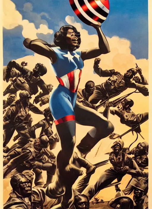 Image similar to beautiful black female captain america standing on a pile of defeated german soldiers. feminist captain america wins wwii. afro. american wwii propaganda poster by james gurney