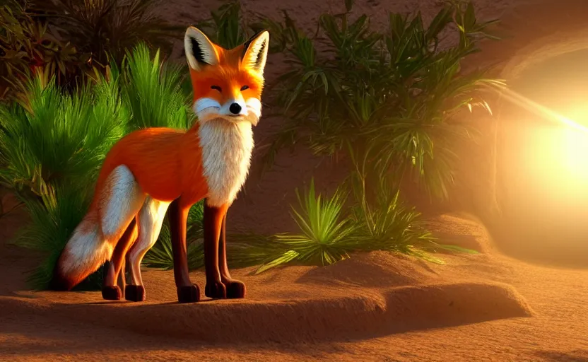 Prompt: a fox in a dessert oasis. daylight. sunlight. lens flare. light fixtures. art in apunkalypse style. 8K. detailed. photorealism. artstation. 35mm. ultra realistic