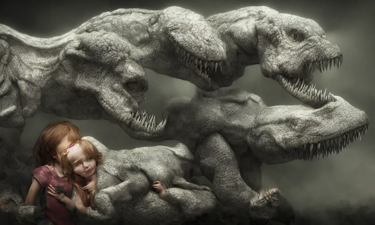 Image similar to portrait of a little girl cuddling with her beloved tyrannosaurus, very high detail, raytracing, back light, raymarching, by ilm, by digital domain, by weta digital