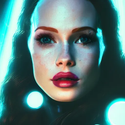 Image similar to madelaine petsch portrait, cyberpunk 2 0 7 7, cyberpunk judy alvarez, photorealistic, ultra detailed, neon, octane, bokeh, cinematic lighting, cyber, cyberpunk city, studio quality, feature, scars, cyberface, 8 k